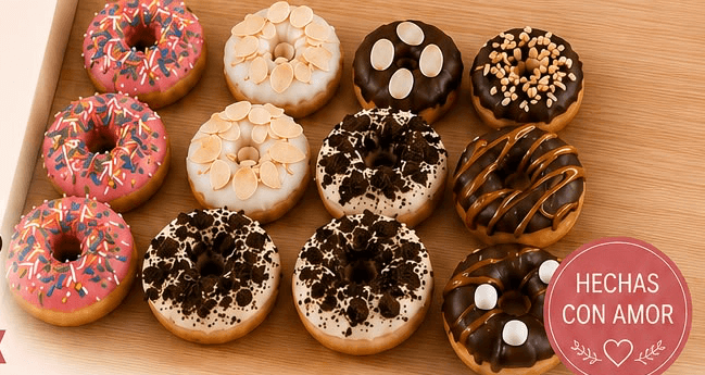 Tray of artisanal mini donuts with chocolate, strawberry and vanilla coatings